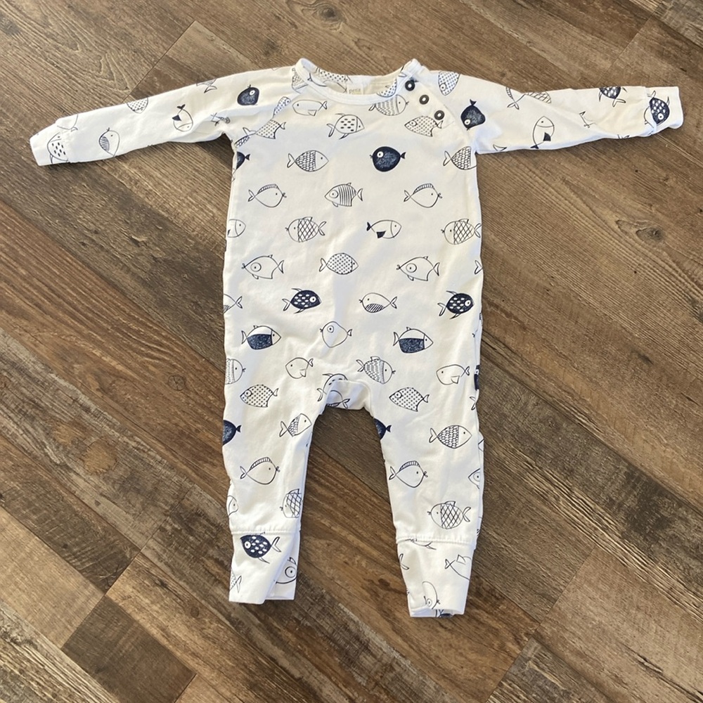 Petit Lem white and navy blue fish romper size 9m
